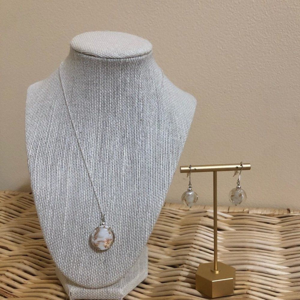 Gold and White Glass Beads on Silver Necklace Set